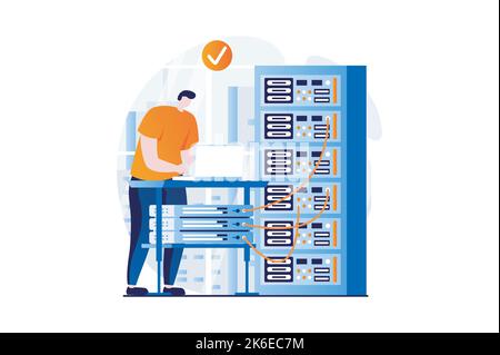 Server maintenance concept with people scene in flat cartoon design. Man working at laptop in server rack hardware room, monitoring and manages Stock Vector