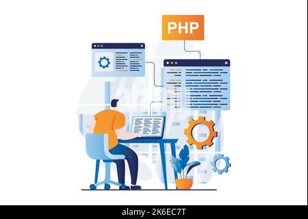 Software development concept with people scene in flat cartoon design. Man working with php language, coding at screens, programming and creates Stock Vector