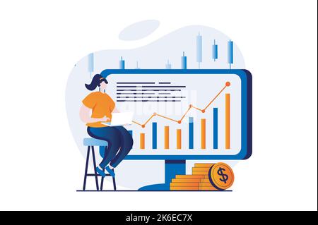 Stock market concept with people scene in flat cartoon design. Woman invests savings and earns money, analyzes data graph and develops successful Stock Vector
