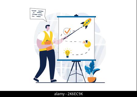 Strategic planning concept with people scene in flat cartoon design. Man develops strategy and route for development of workflows new startup Stock Vector