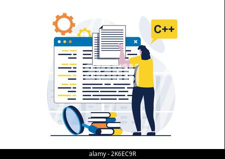 Software development concept with people scene in flat cartoon design. Woman developer programming at screens, searching problems and fixing code in Stock Vector