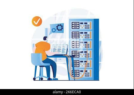 Server maintenance concept with people scene in flat cartoon design. Man working at laptop in server rack hardware room, settings and optimization Stock Vector