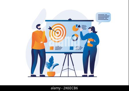 Strategic planning concept with people scene in flat cartoon design. Woman and man discuss tasks, set goals, develop marketing strategy and work in Stock Vector