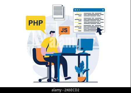 Software development concept with people scene in flat cartoon design. Man developer programming, searching problems and fixing code, working in IT Stock Vector