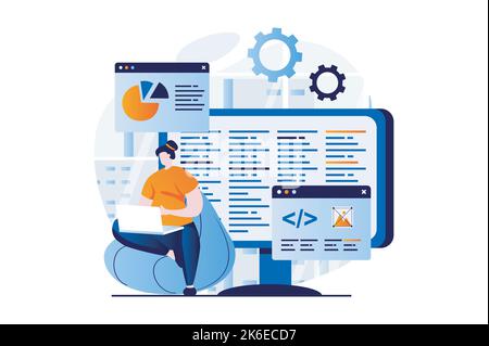 Software development concept with people scene in flat cartoon design. Woman developer working with programming language at computer and coding at Stock Vector