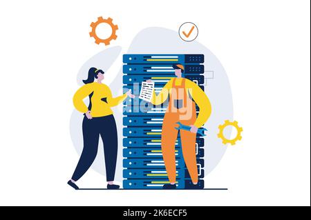 Server maintenance concept with people scene in flat cartoon design. Man and woman fixing problems, settings and optimization connection of internet Stock Vector
