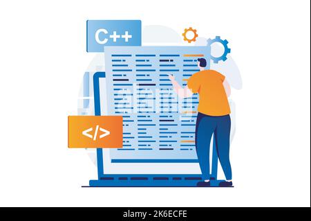 Software development concept with people scene in flat cartoon design. Man testing and optimizes code at screen, programming and creates software on Stock Vector