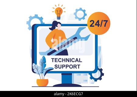 Technical support concept with people scene in flat cartoon design. Woman with wrench solving tech problems of clients, making repair and computer Stock Vector
