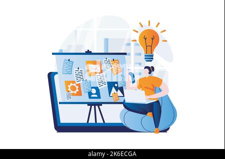 Ui ux design concept with people scene in flat cartoon design. Woman designer creates user interface using laptop, brainstorming and generating new Stock Vector