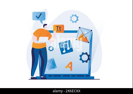 Ui ux design concept with people scene in flat cartoon design. Man designer creates navigation elements and buttons for user interface using laptop in Stock Vector