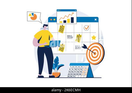 Strategic planning concept with people scene in flat cartoon design. Man analyzes data, develops strategy, organizes workflow and marks meetings in Stock Vector