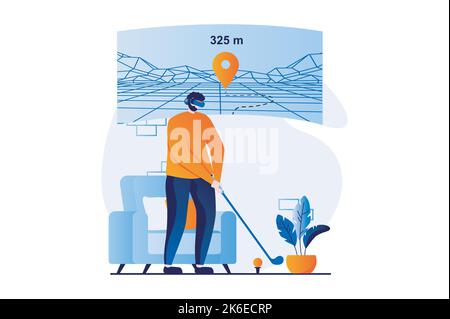 Virtual reality concept with people scene in flat cartoon design. Man in VR glasses playing virtual golf in cyberspace, gaming and cyber sport Stock Vector