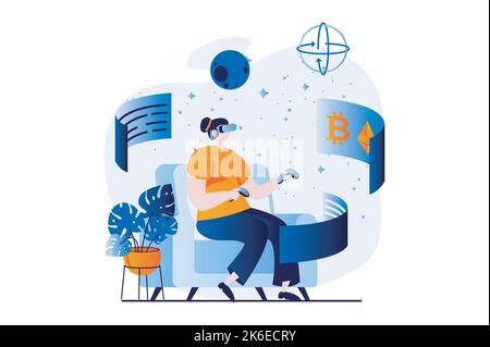 Virtual reality concept with people scene in flat cartoon design. Woman in VR glasses using controllers for interacting with dashboards with Stock Vector