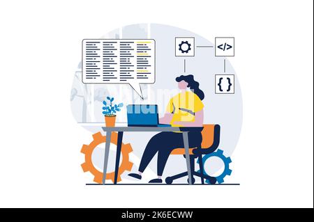 Web development concept with people scene in flat cartoon design. Woman designer creates layouts at laptop, programming and testing code, working in Stock Vector