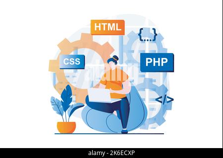 Web development concept with people scene in flat cartoon design. Woman programming at different languages, testing and optimizing code, creates Stock Vector