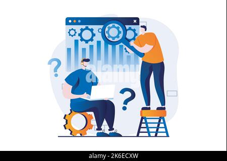 Technical support concept with people scene in flat cartoon design. Tech team searching and fixing problems, making repair and computer maintenance Stock Vector