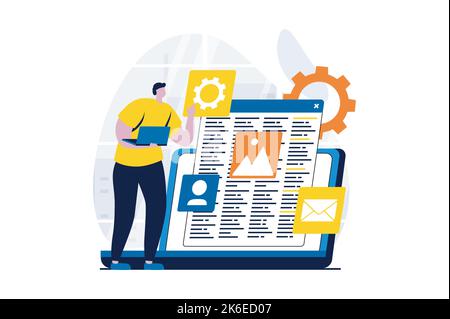 Web development concept with people scene in flat cartoon design. Man designer creates websites layouts at laptop, programming and testing code on Stock Vector