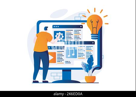 Web development concept with people scene in flat cartoon design. Man designer creates websites layouts, places elements on mockup, programming and Stock Vector