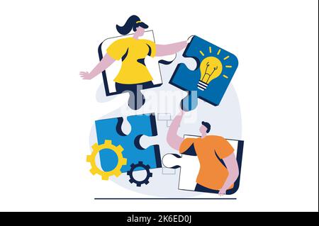 Teamwork concept with people scene in flat cartoon design. Man and woman working together, generating creative ideas, optimize and settings business Stock Vector