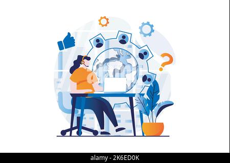 Technical support concept with people scene in flat cartoon design. Woman in headset chatting with clients for solving tech problems and online Stock Vector