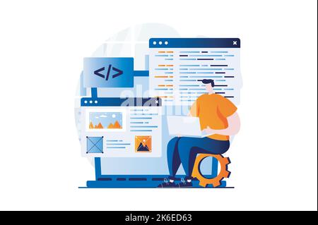 Web development concept with people scene in flat cartoon design. Man is programming computer languages, creating, testing and optimizing website at Stock Vector