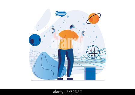 Virtual reality concept with people scene in flat cartoon design. Man in VR glasses using controllers for research and interacting with planets in Stock Vector