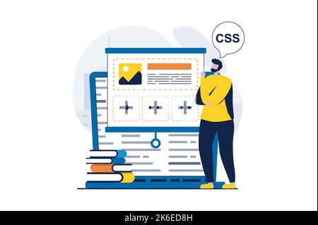 Web development concept with people scene in flat cartoon design. Man designer creates websites layouts and analyzing prototype, programming and Stock Vector