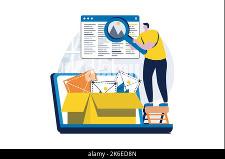 Web development concept with people scene in flat cartoon design. Man designer searching information, creates websites layouts, programming and Stock Vector