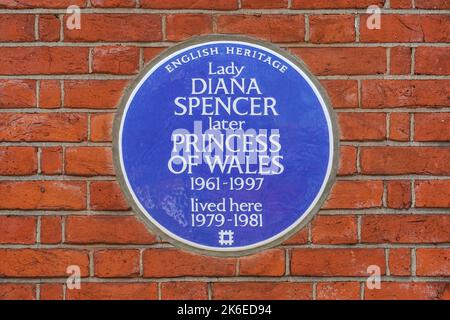 A blue plaque of Lady Diana Spencer at Coleherne Court on the Old Brompton Road, London England United Kingdom UK Stock Photo