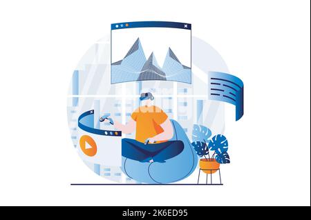 Virtual reality concept with people scene in flat cartoon design. Man in VR glasses using controllers for interacting with dashboards and watching Stock Vector