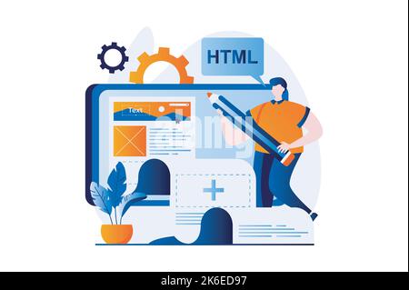 Web development concept with people scene in flat cartoon design. Man is programming in html, creating and optimizing website and testing online Stock Vector