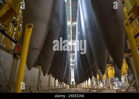 External aircraft fuel tanks are arranged on the vertical tank storage system in an 18th Component Maintenance Squadron fuels building at Kadena Air Base, Japan, Sept. 16, 2022. The high-density storage system requires approximately 88 percent less space per tank than horizontal storage. (U.S. Air Force photo by Senior Airman Jessi Roth) Stock Photo