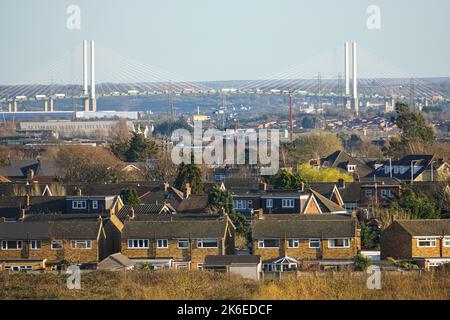 Houses in Rainham with Queen Elizabeth II bridge in the background, Essex, England, United Kingdom, UK Stock Photo