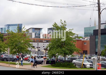 Parking lot behind the Halifax Central Library on Queen Street in Halifax, Nova Scotia, Canada. Former Halifax Infirmary site. Stock Photo