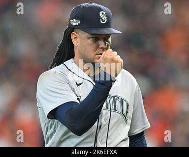 Houston, United States. 13th Oct, 2022. Seattle Mariner starting pitcher Luis Castillo gestures after putting out the side in the seventh inning against the Houston Astros in game two of their American League Division Series at Minute Maid Park in Houston on Thursday, October 13, 2022. Photo by Maria Lysaker/UPI. Credit: UPI/Alamy Live News Stock Photo