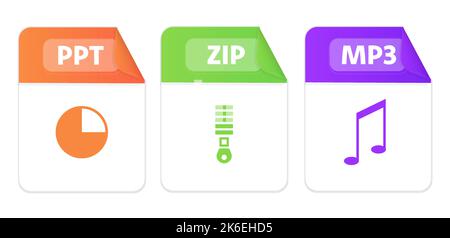 File type icons. Set of ppt, zip, mp3. Collection colored icons for download on computer. Graphic templates for ui. Document types in flat style Stock Vector