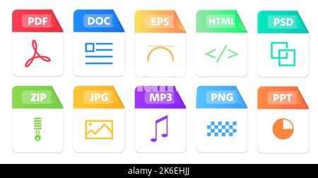 File formats flat icons set. White paper document pictograms with different file types, extensions. Web design graphic elements Stock Vector