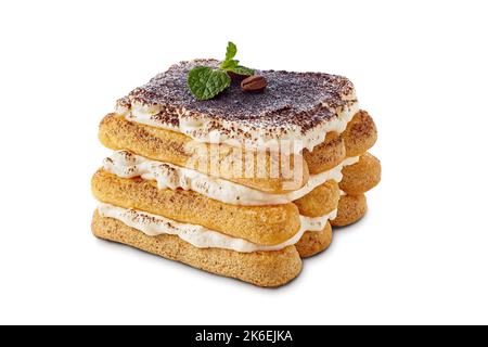 Piece of tiramisu cake on white background Stock Photo