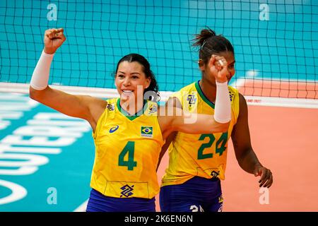 APELDOORN, NETHERLANDS - OCTOBER 13: Ana Carolina Da Silva of Brazil celebrates a point during the Semi Final match between Italy and Brazil on Day 19 of the FIVB Volleyball Womens World Championship 2022 at the Omnisport Apeldoorn on October 13, 2022 in Apeldoorn, Netherlands (Photo by Rene Nijhuis/Orange Pictures) Stock Photo