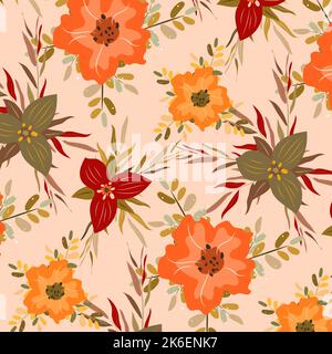 Floral vintage seamless pattern. Vector leaves and flowers. Stock Vector