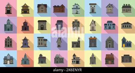 Creepy house icons set flat vector. Scary castle. Home ghost Stock Vector
