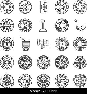 Clutch icons set outline vector. Machine engine. Auto parts Stock Vector
