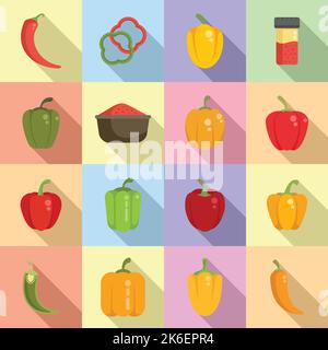 Paprica icons set flat vector. Capsicum bell. Chilli vegetable Stock Vector