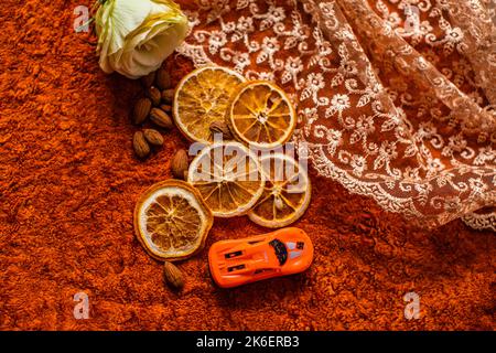 Group of slices oranges on orange background,top view Stock Photo