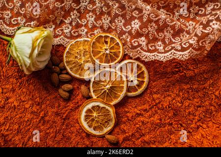 Group of slices oranges on orange background,top view Stock Photo