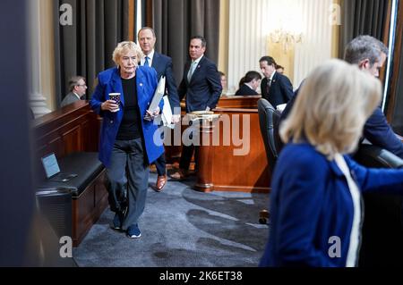 Washington, DC, USA. 13th Oct, 2022. United States Representative Zoe Lofgren (Democrat of California), left, and the rest of the House select committee investigating the Jan. 6 attack on the U.S. Capitol arrive to hold a hearing on Capitol Hill on Thursday, October 13, 2022 in Washington, DC. Credit: Jabin Botsford/Pool Via Cnp/Media Punch/Alamy Live News Stock Photo