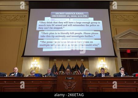 WASHINGTON, DC - OCTOBER 13: Excerpts of Secret Service emails are displayed during a hearing by the United States House Select Committee to Investigate the January 6th Attack on the U.S. Capitol in the Cannon House Office Building on October 13, 2022 in Washington, DC. The bipartisan committee, in possibly its final hearing, has been gathering evidence for almost a year related to the January 6 attack at the U.S. Capitol. On January 6, 2021, supporters of former President Donald Trump attacked the U.S. Capitol Building during an attempt to disrupt a congressional vote to confirm the electoral Stock Photo