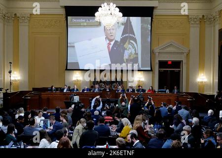 The United States House Select Committee to Investigate the January 6 Attack on the U.S. Capitol displays a video of former President Donald Trump at the White House on December 2, 2020 during the committee's public hearing on Capitol Hill in Washington, U.S., October 13, 2022.Credit: Jonathan Ernst/Pool via CNP /MediaPunch Stock Photo