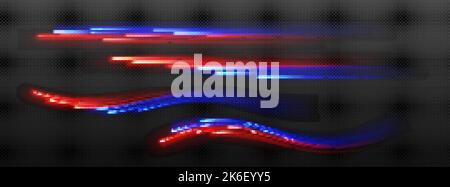 Light motion effect, speed road traffic glow at night. Abstract wavy and straight blue and red light lines, shiny strips isolated on transparent backg Stock Vector