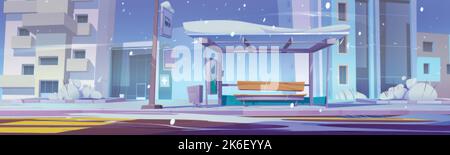 Empty bus stop in winter city. Cartoon vector illustration of public transport station covered with snow against urban architecture background. Snowfa Stock Vector